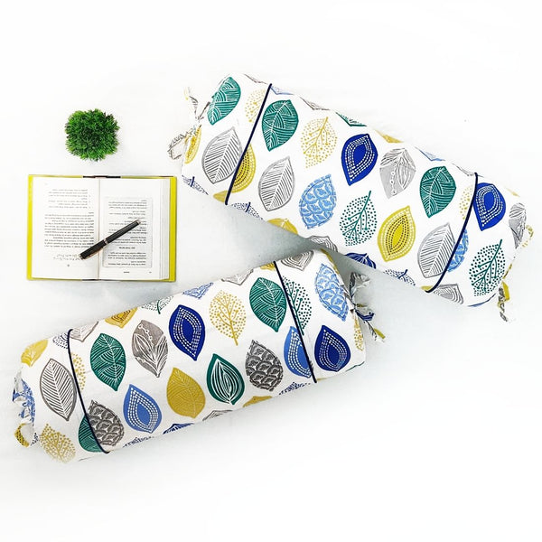 Printed Multicolor Feathers Cotton 2 Pcs Bolster Cover set - Blue