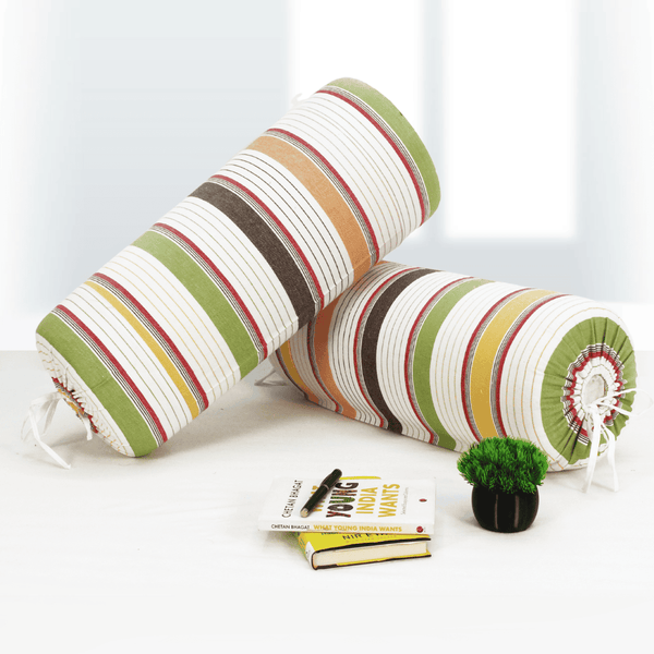 Multicolor Stripes Woven Cotton 2 Pcs Bolster Cover set