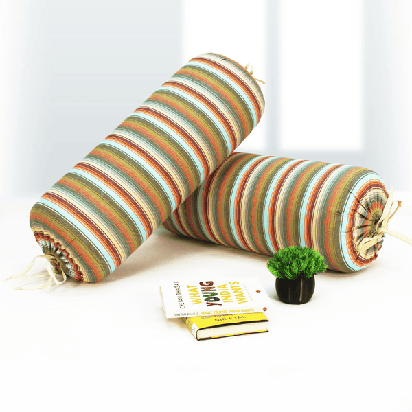 Multicolor Stripes Woven Cotton 2 Pcs Bolster Cover set