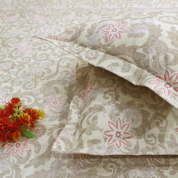 Printed Floral Cotton 144 TC Bedsheet - Brown