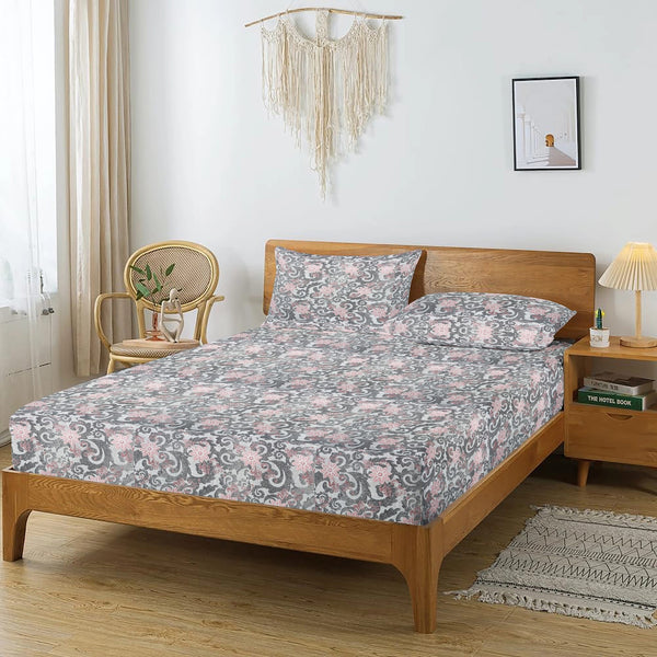 Printed Floral Cotton 144 TC Flat Bedsheet -Grey