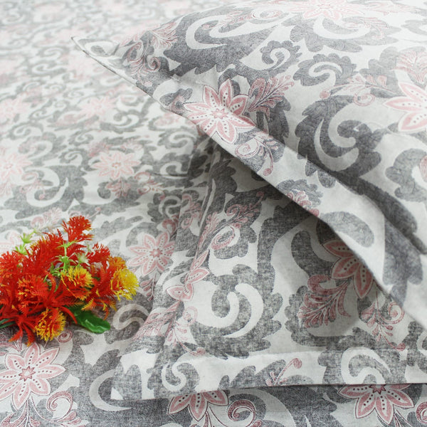 Printed Floral Cotton 144 TC Bedsheet - Grey