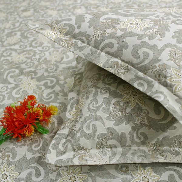 Printed Floral Cotton 144 TC Bedsheet - Khaki