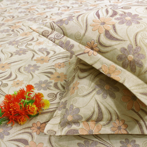 Printed Floral Cotton 144 TC Bedsheet - Brown