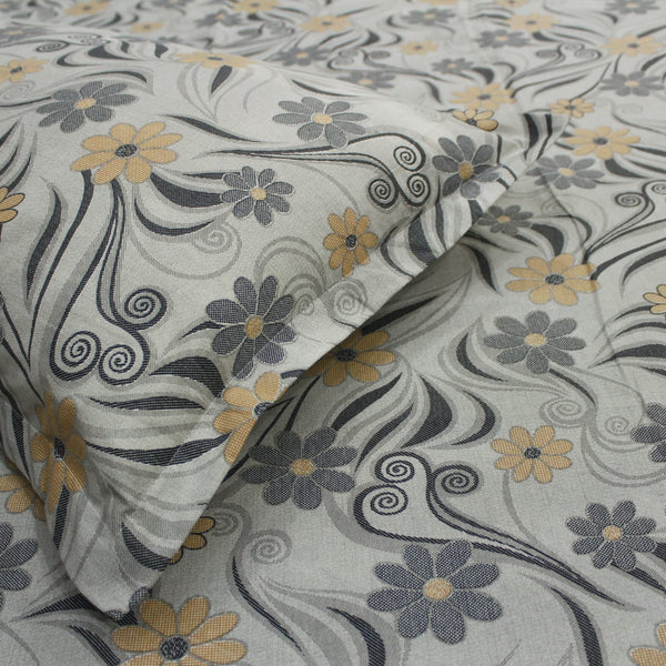 Printed Floral Cotton 144 TC Fitted Bedsheet - Grey