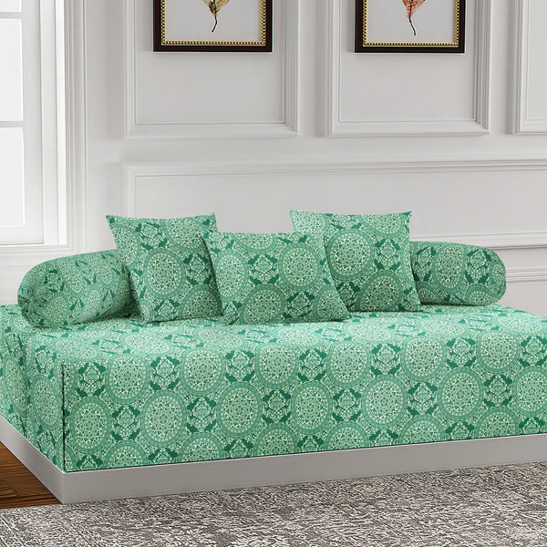 Flare Printed Floral 144 TC 6 Pcs Cotton Diwan Set - Green