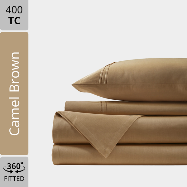 Plain Cotton Satin 400 TC Fitted Bedsheet - Camel Brown