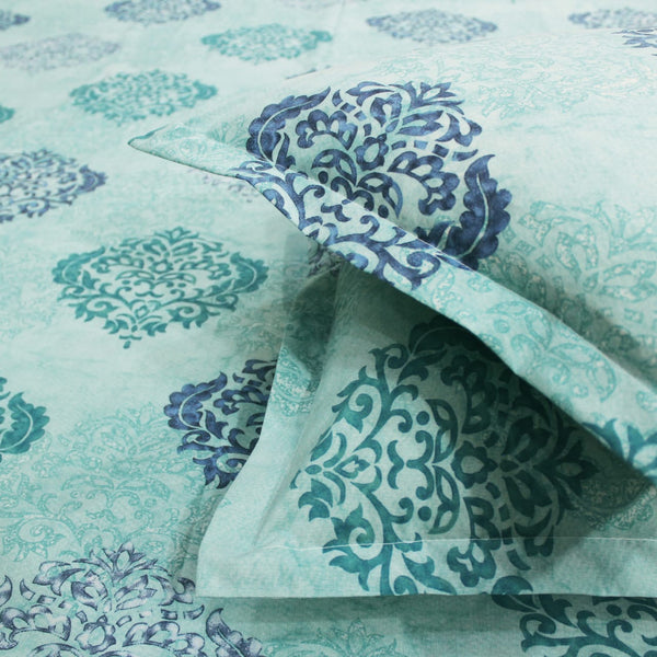 Printed Damask Cotton 250 TC Fitted Bedsheet - Aqua