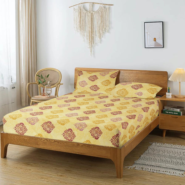 Printed Damask Cotton 250 TC Flat Bedsheet - Mustard