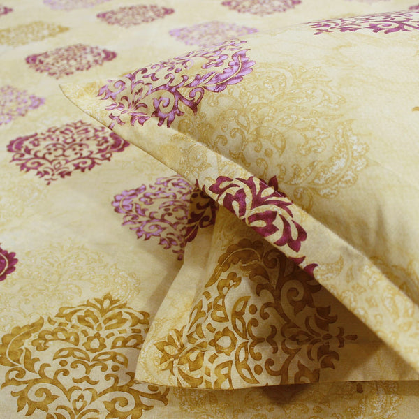 Printed Damask Cotton 250 TC Fitted Bedsheet - Mustard