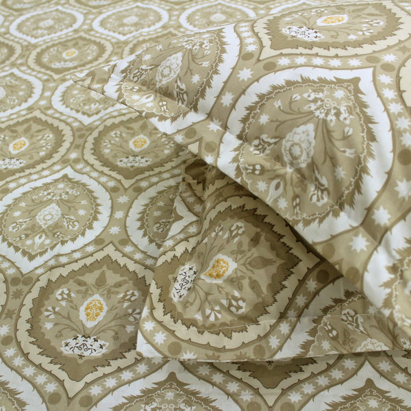 Printed Damask Cotton 250 TC Fitted Bedsheet - Brown