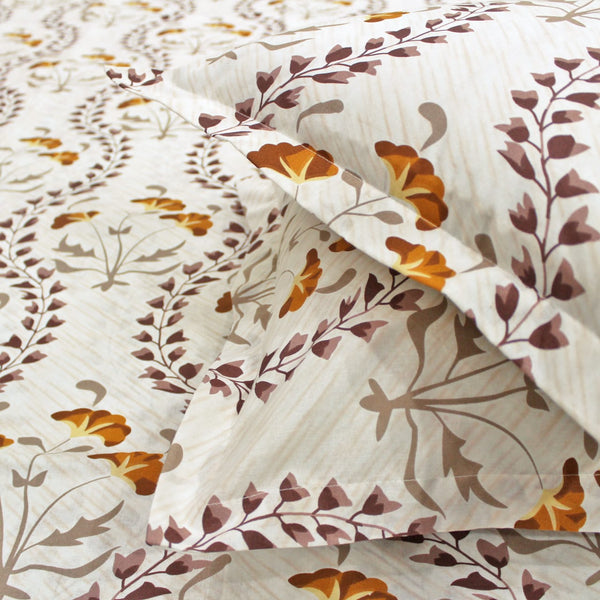 Printed Floral Cotton 250 TC Bedsheet - Brown