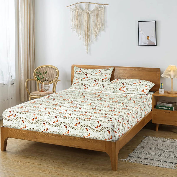 Printed Floral Cotton 250 TC Flat Bedsheet - Orange