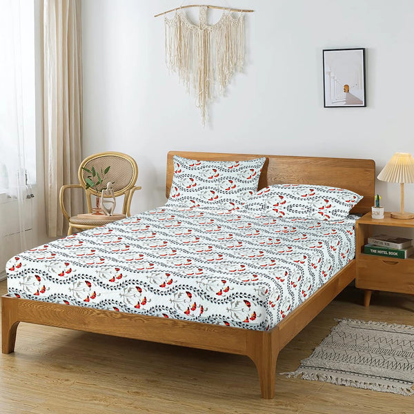 Printed Floral Cotton 250 TC Flat Bedsheet - Red