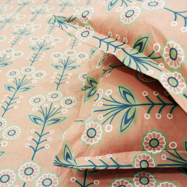 Printed Floral Cotton 144 TC Fitted Bedsheet - Peach