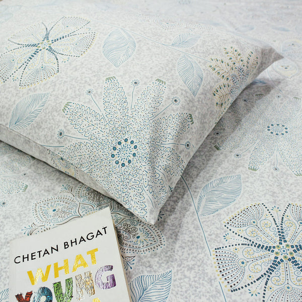 Printed Floral Cotton 300 TC Bedsheet - Aqua