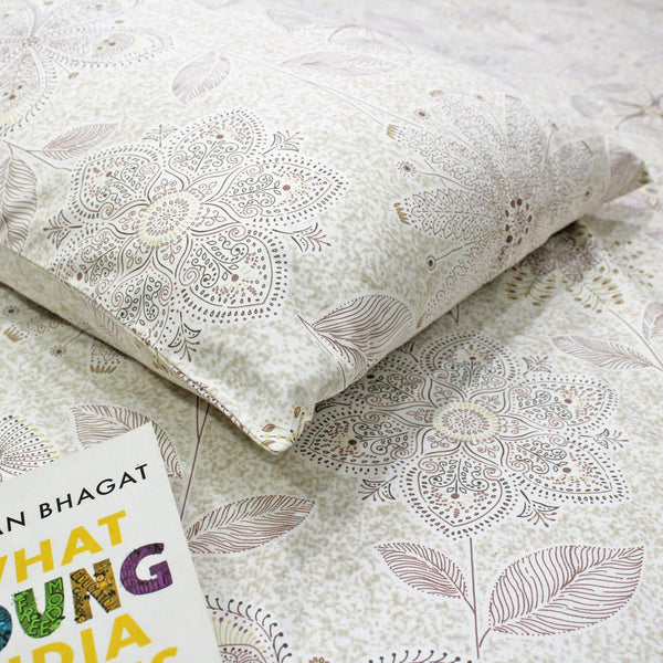 Printed Floral Cotton 300 TC Bedsheet - Brown