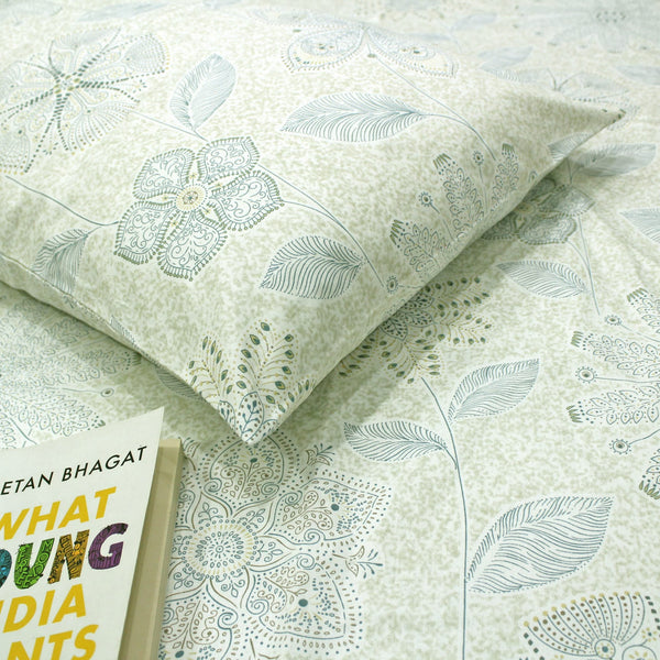 Printed Floral Cotton 300 TC Bedsheet - Green