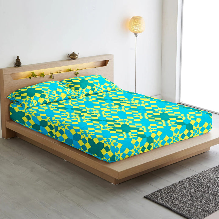 Soft Cotton Geometrical Print 250 TC Cotton Fitted Bedsheet In Yellow At Best Prices