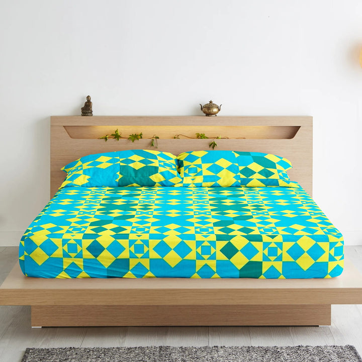 Soft Cotton Geometrical Print 250 TC Cotton Fitted Bedsheet In Yellow At Best Prices