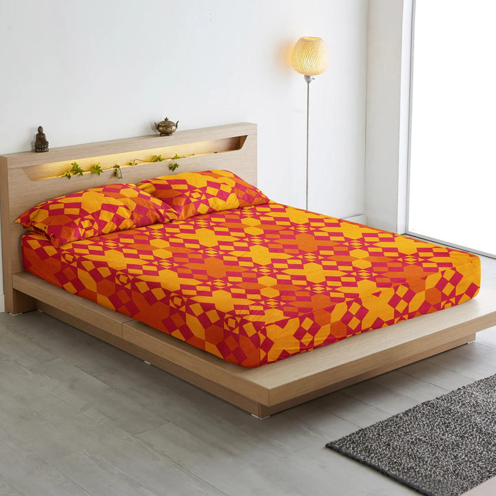 Soft Cotton Geometrical print 250 TC Fitted Bedsheet In Mustard At Best Prices