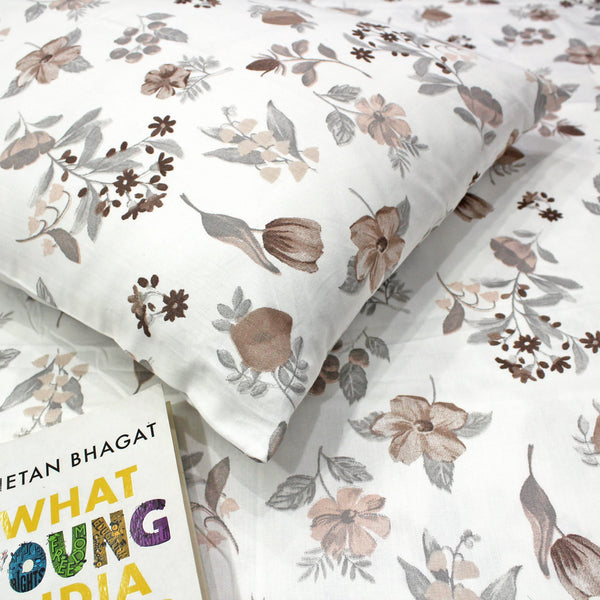 Printed Floral Cotton 300 TC Bedsheet - Brown