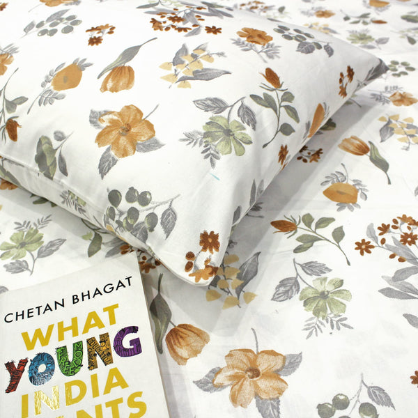 Printed Floral Cotton 300 TC Bedsheet - Mustard