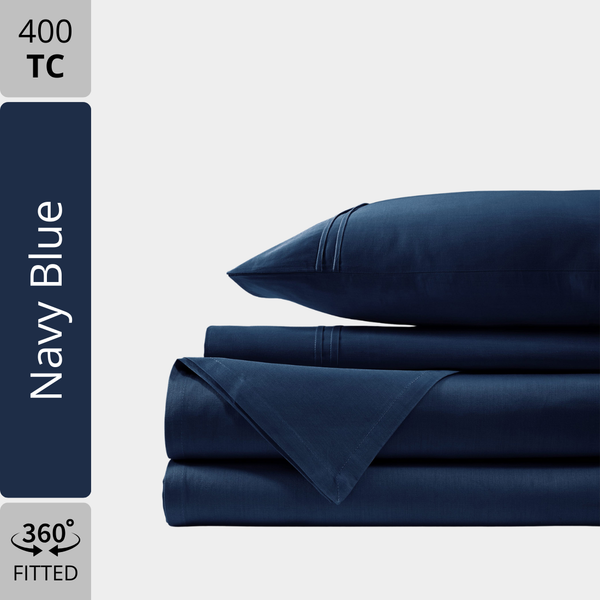 Plain Cotton Satin 400 TC Fitted Bedsheet - Navy Blue