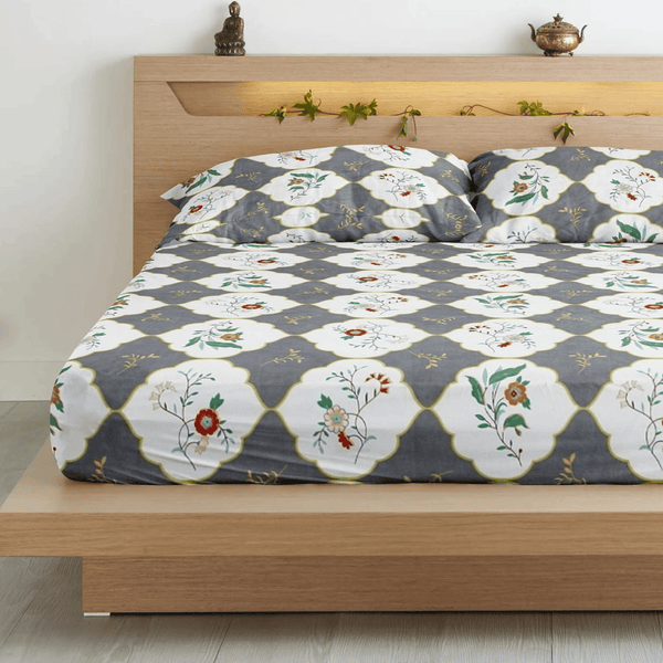 Floral 210 TC Flat Bedsheet -  Grey