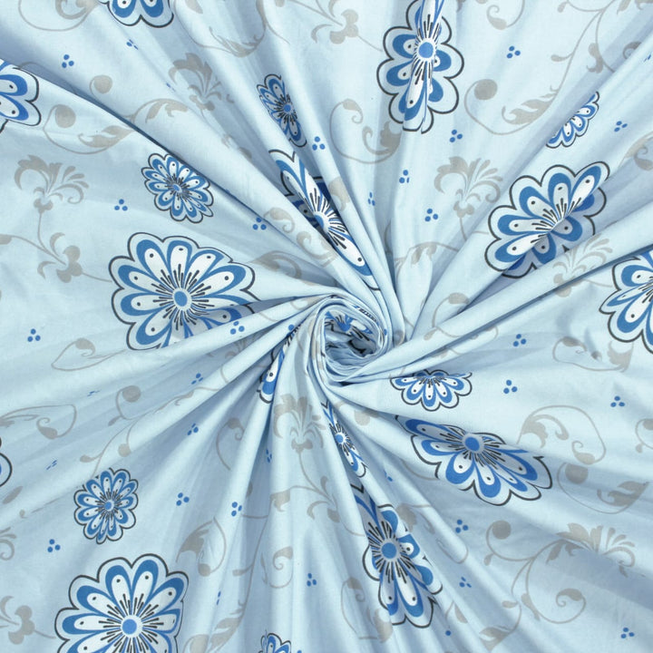 Cotton Floral Print 210 TC King Size Fitted Bedsheet In Sky Blue At Best Prices