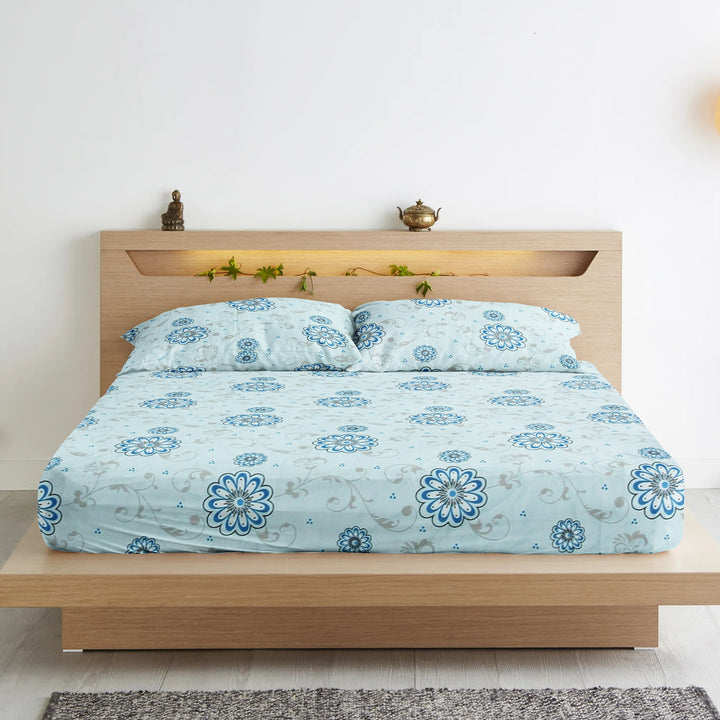 Cotton Floral Print 210 TC King Size Fitted Bedsheet In Sky Blue At Best Prices