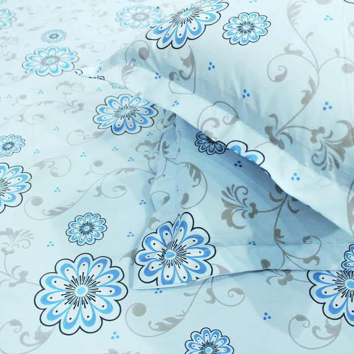 Cotton Floral Print 210 TC King Size Fitted Bedsheet In Sky Blue At Best Prices