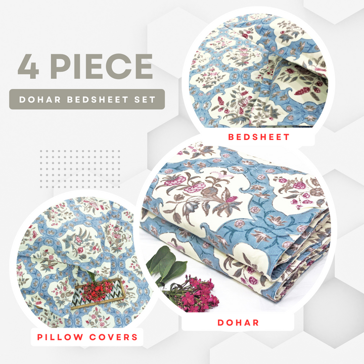 Blue Festive Collection Floral Dohar Bedsheet Set (4 Pc) online in India