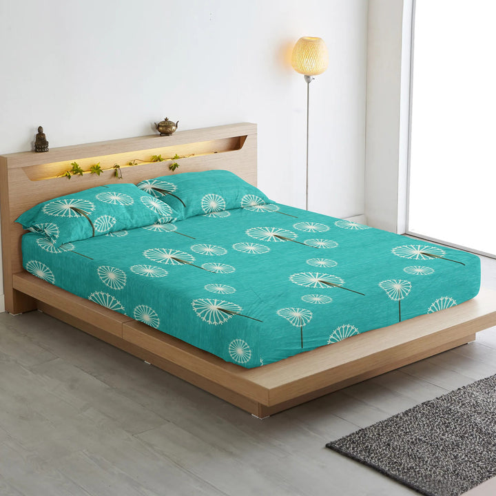 Cotton Floral Print 210 TC King Size Flat Bedsheet In Aqua