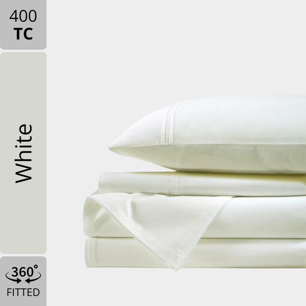 Plain Cotton Satin 400 TC Fitted Bedsheet - White