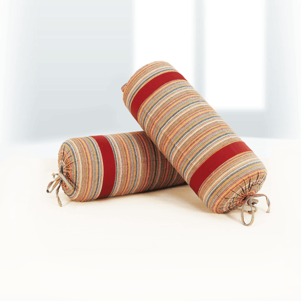 Multicolor Stripes Woven Cotton 2 Pcs Bolster Cover set - Maroon