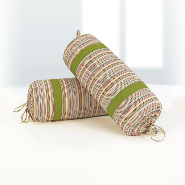 Multicolor Stripes Woven Cotton 2 Pcs Bolster Cover set - Green