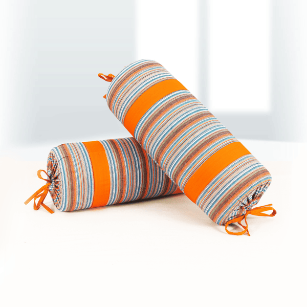 Multicolor Stripes Woven Cotton 2 Pcs Bolster Cover set - Orange