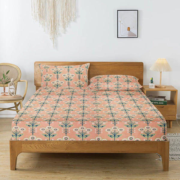 Printed Cotton Floral 144 TC Bedsheet - Peach