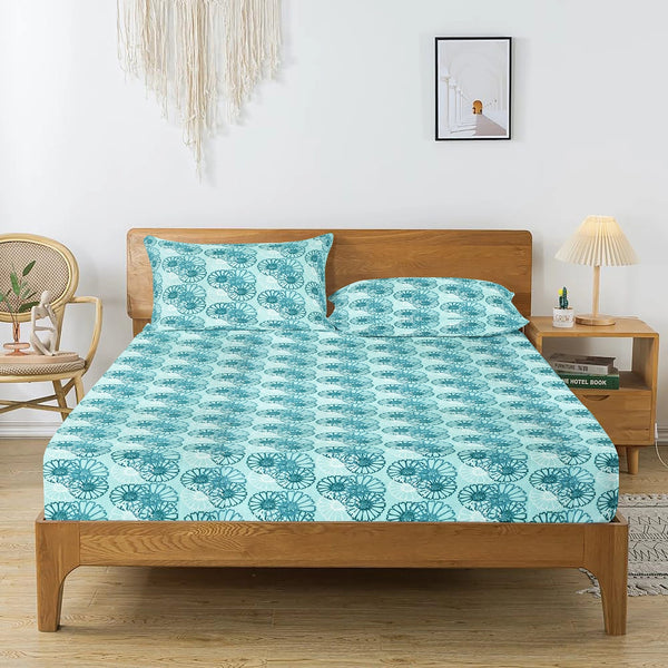 Printed Cotton Floral 144 TC Bedsheet - Blue