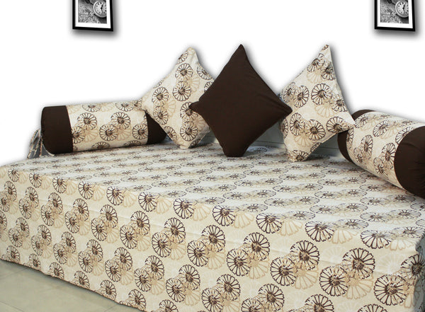 Prism Printed Floral 144 TC 6 Pcs Cotton Diwan Set - Brown