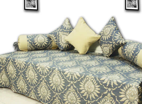 Prism Printed Floral 144 TC 6 Pcs Cotton Diwan Set - Grey