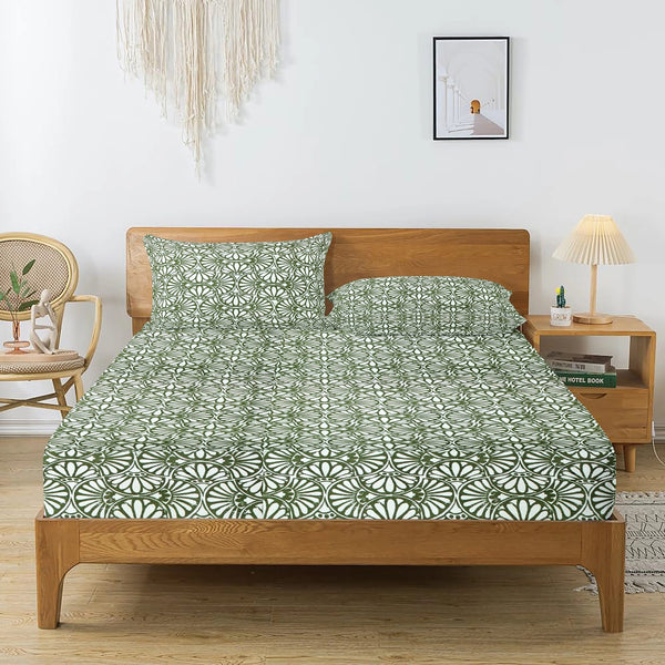 Printed Cotton Floral 144 TC Bedsheet - Green