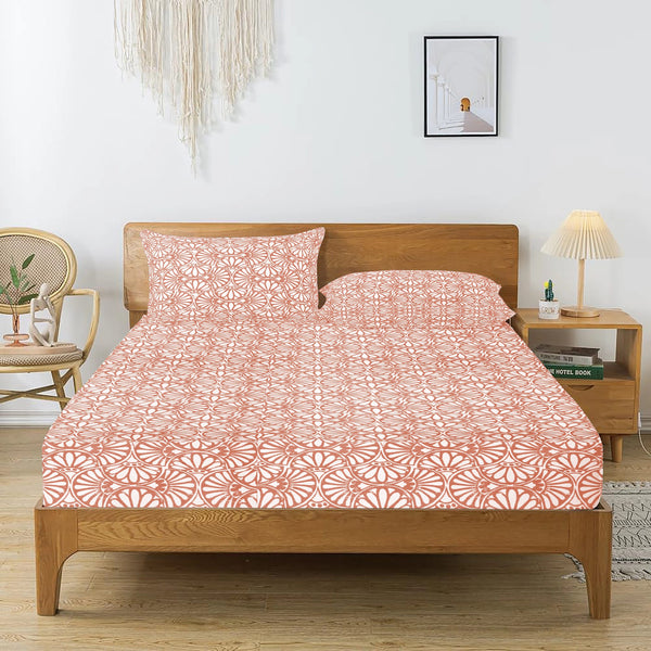 Printed Cotton Floral 144 TC Bedsheet - Peach