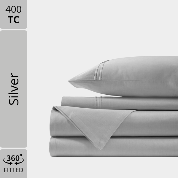 Plain Cotton Satin 400 TC Fitted Bedsheet - Silver