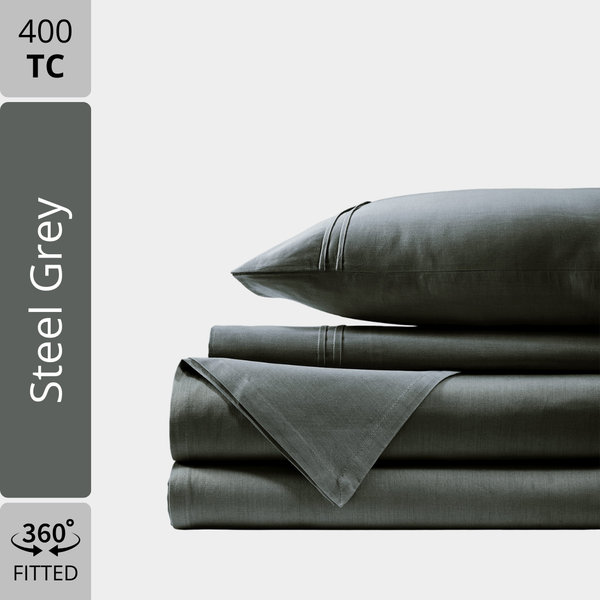 Plain Cotton Satin 400 TC Fitted Bedsheet - Steel Grey