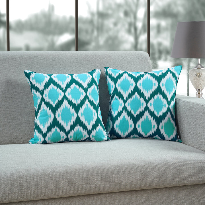 Soft Ikat print Aqua Cotton Cushion Cover Set online in India