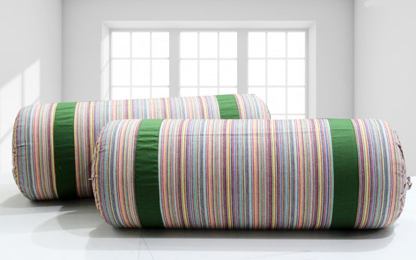 Multicolor Stripes Woven Cotton 2 Pcs Bolster Cover set - Bottle Green