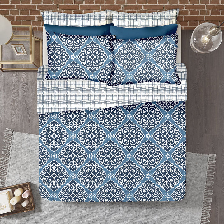 Soft Cotton Printed 300 TC Modern Satin Fitted Bedsheet In Blue At Best Prices