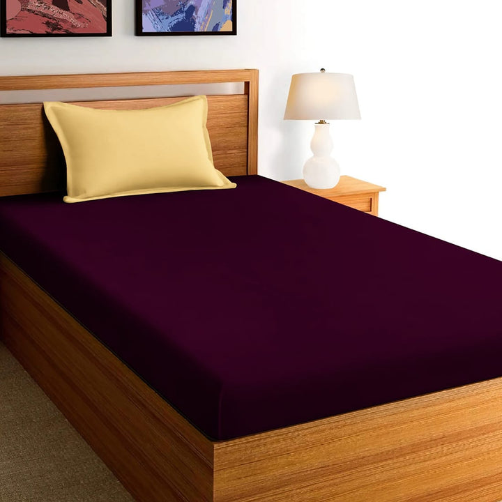 Soft Cotton Plain 210 TC Single Fitted Bedsheet In Burgundy At Best Prices